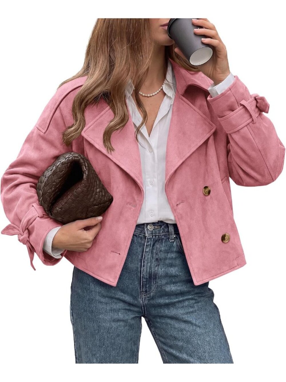 Women's Pink Faux Suede Cropped Double Breasted Lapel Jacket Trench Coat